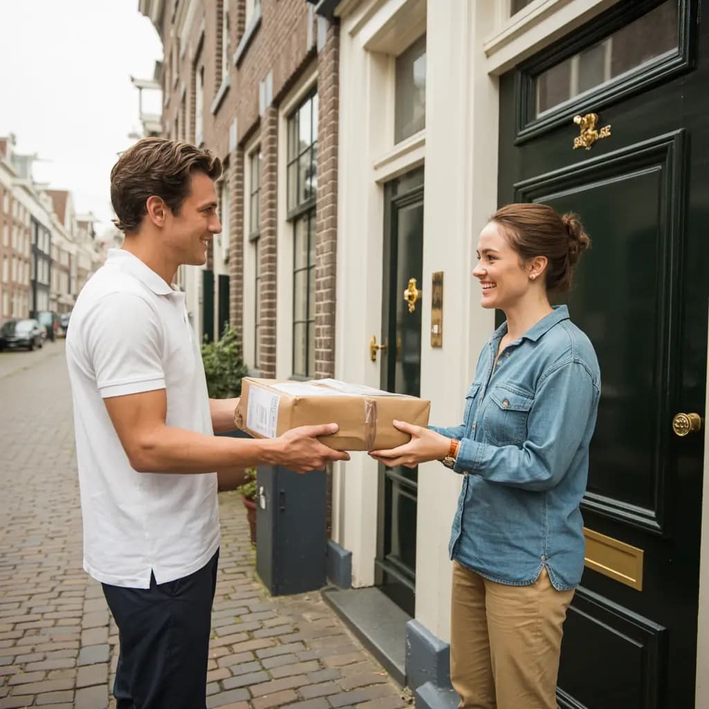 Fietskoerier bezorgt pakket in Amsterdam Centrum - snelle levering door grachtengordel