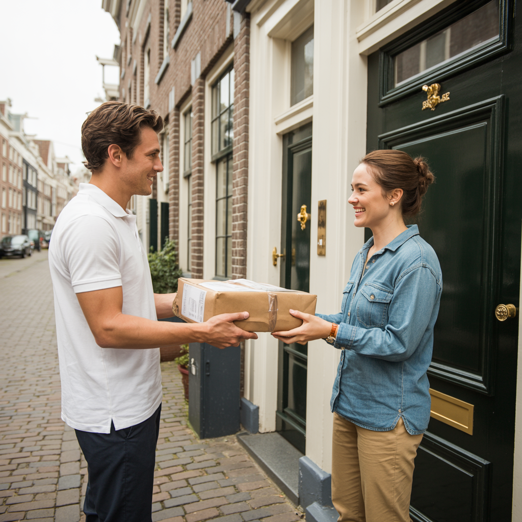 Koerier levert pakket aan klant in Amsterdam